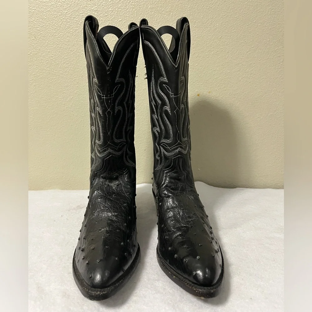 Durango Men's Black Full Quill Ostrich Saddle Almond Toe Exotic Cowboy 10 B